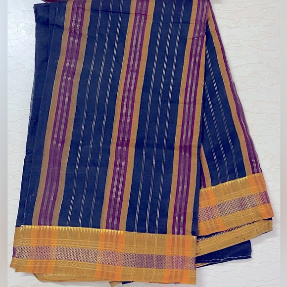 Other - Pure cotton plain black saree with mustard brown golden thread border & pallu